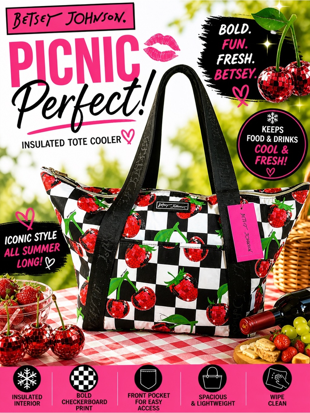 Betsey Johnson Disco Tote Cherry & Strawberry Insulated Cooler NWT